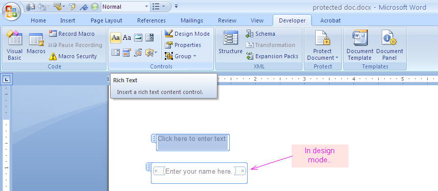 office word insert text form field